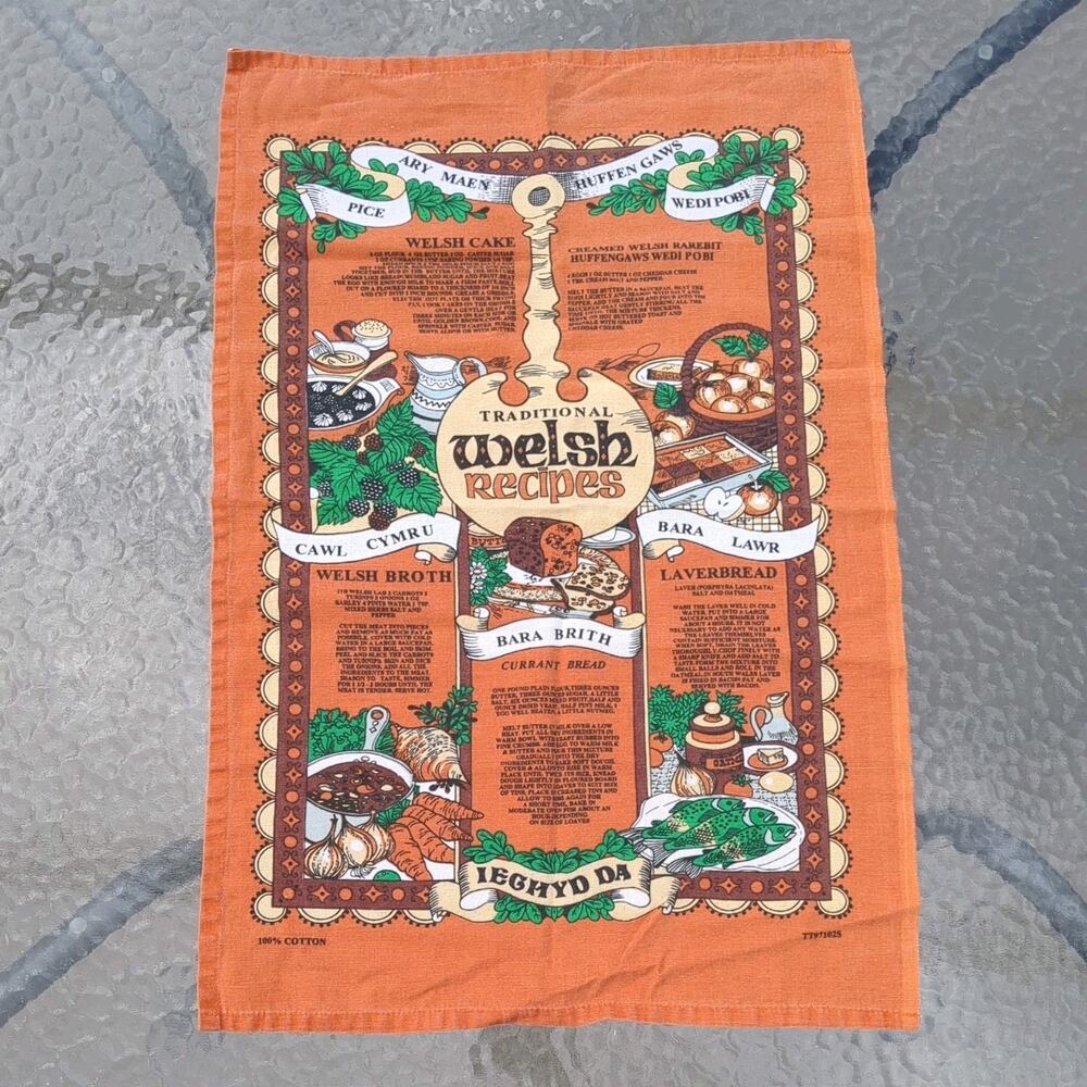 Traditional Welsh Recipes Tea Towel Cottagecore Kitchen Culinary Linen 70s vibe